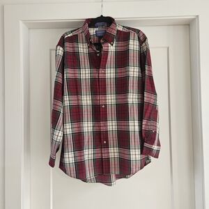 Pendleton Burgundy and Cream Plaid Button Down Shirt Size Medium 100% Wool